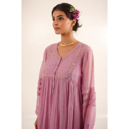 Tatwa Designs Women Purple Chanderi Embroidered Kurta with Pant and Dupatta