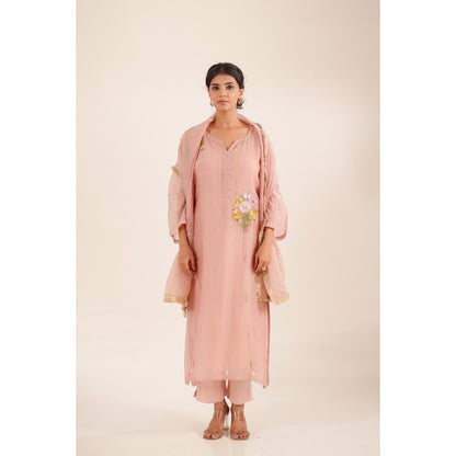 Tatwa Designs Women Peach Cotton Embroidered Kurta with Pant and Dupatta
