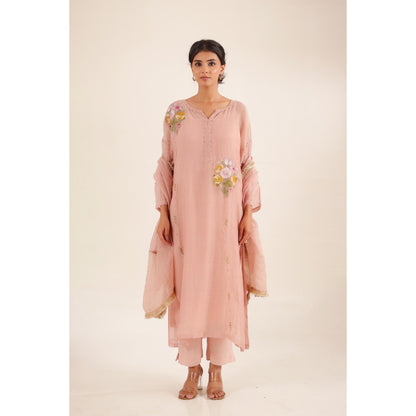Tatwa Designs Women Peach Cotton Embroidered Kurta with Pant and Dupatta