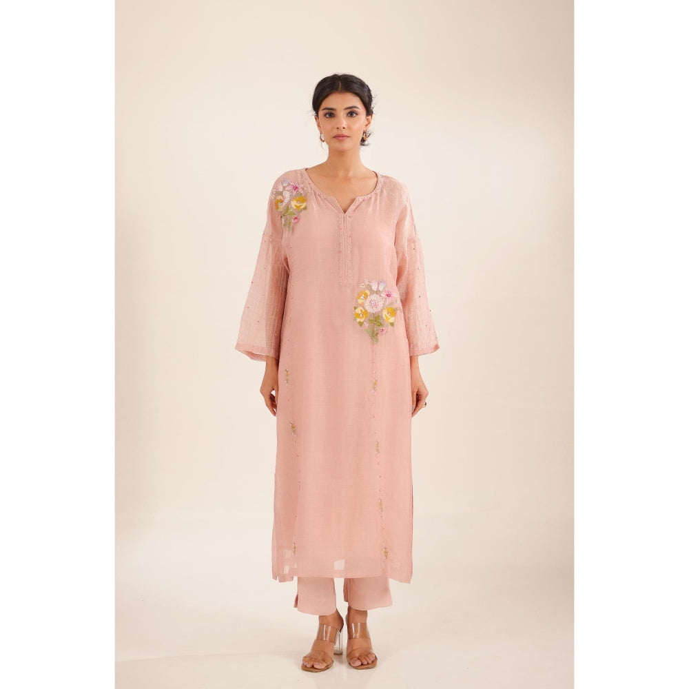Tatwa Designs Women Peach Cotton Embroidered Kurta with Pant and Dupatta