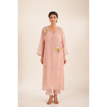 Tatwa Designs Women Peach Cotton Embroidered Kurta with Pant and Dupatta