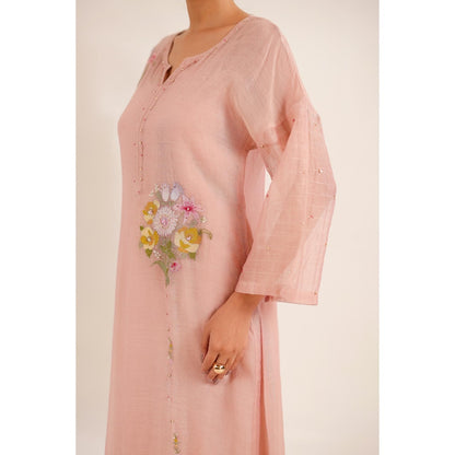 Tatwa Designs Women Peach Cotton Embroidered Kurta with Pant and Dupatta