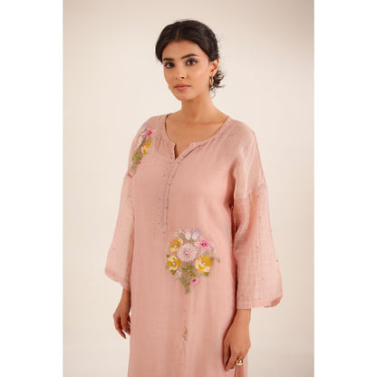 Tatwa Designs Women Peach Cotton Embroidered Kurta with Pant and Dupatta