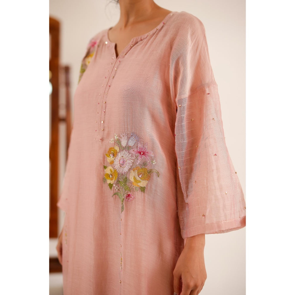 Tatwa Designs Women Peach Cotton Embroidered Kurta with Pant and Dupatta