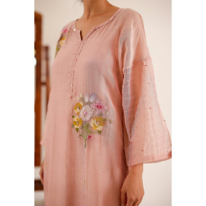 Tatwa Designs Women Peach Cotton Embroidered Kurta with Pant and Dupatta