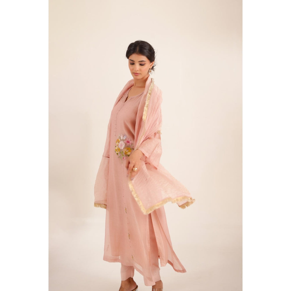Tatwa Designs Women Peach Cotton Embroidered Kurta with Pant and Dupatta