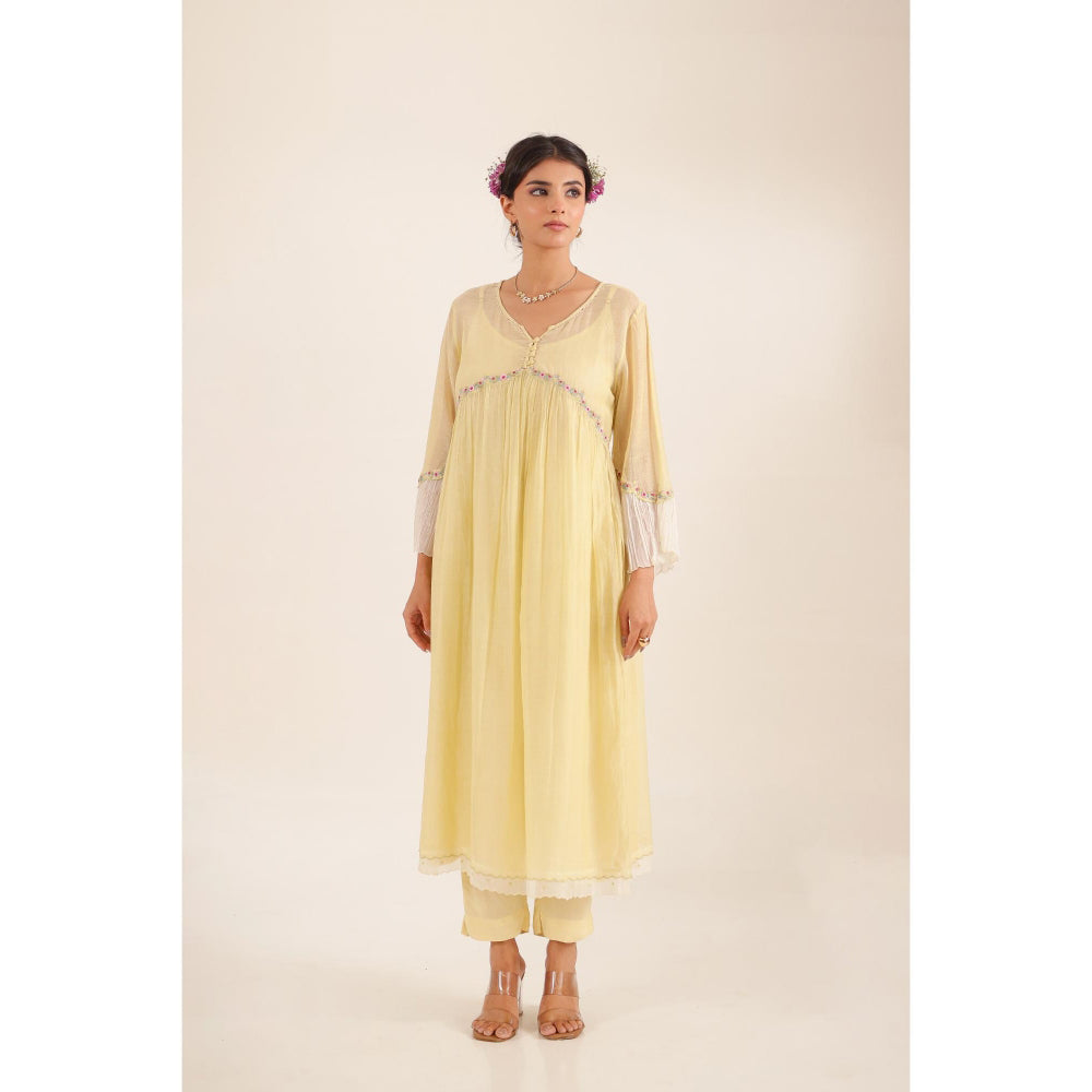 Tatwa Designs Women Yellow Cotton Embroidered Kurta with Pant