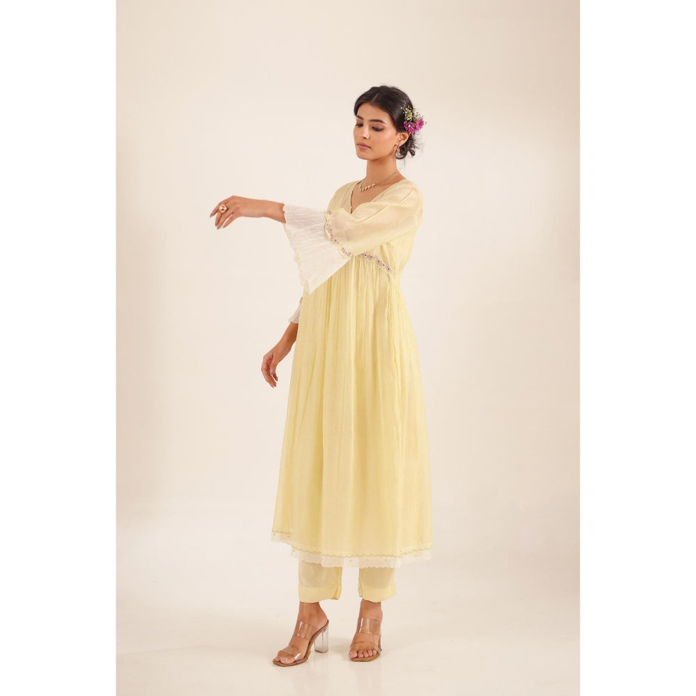 Tatwa Designs Women Yellow Cotton Embroidered Kurta with Pant