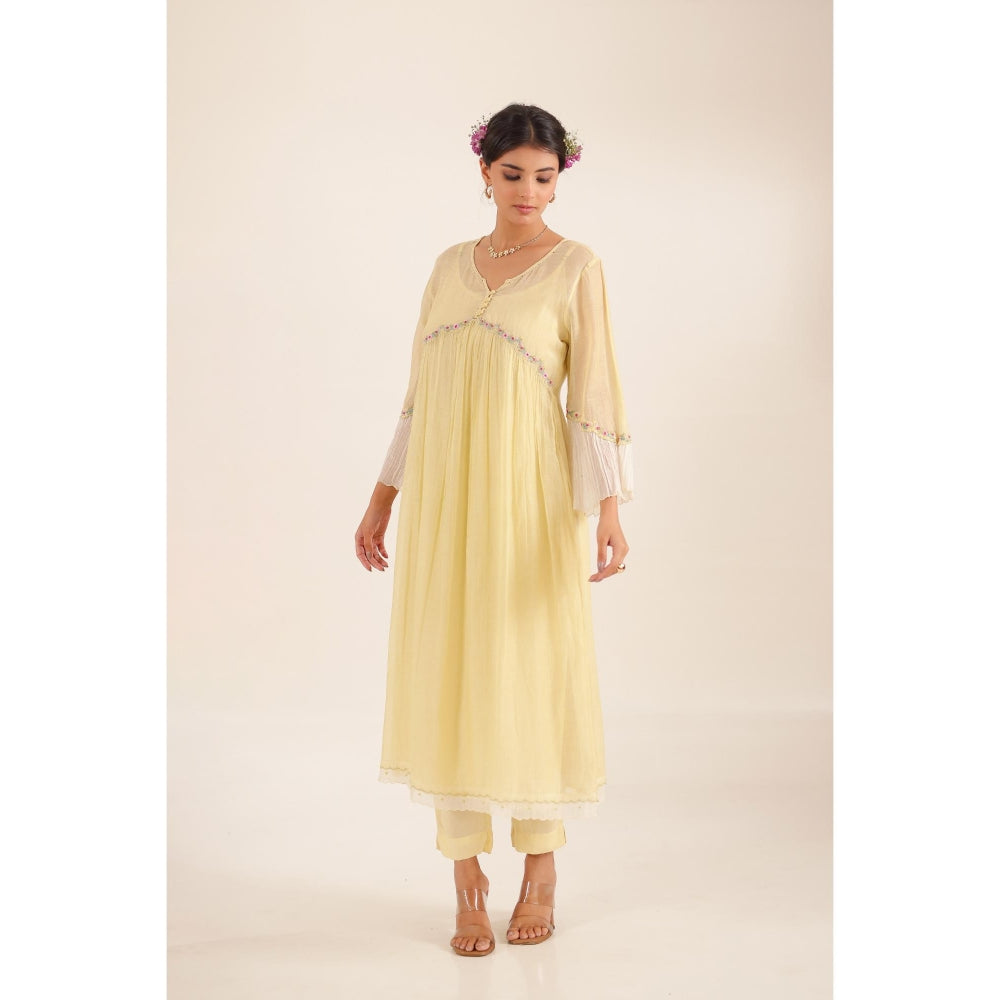 Tatwa Designs Women Yellow Cotton Embroidered Kurta with Pant