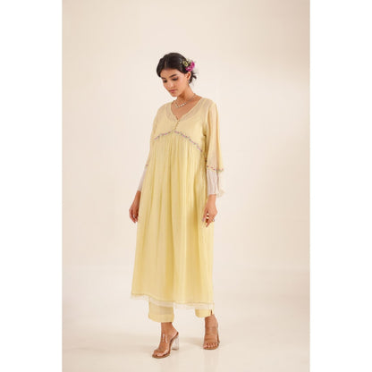 Tatwa Designs Women Yellow Cotton Embroidered Kurta with Pant