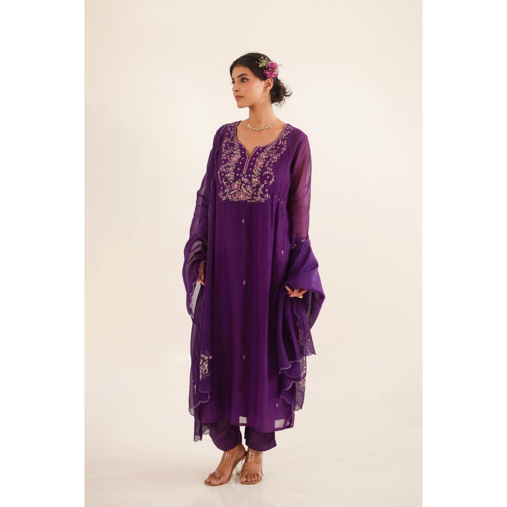 Tatwa Designs Women Purple Chanderi Embroidered Kurta with Pant and Dupatta
