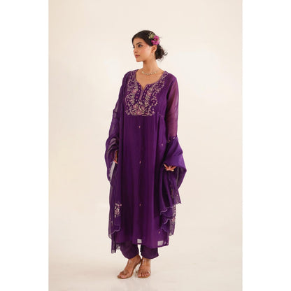 Tatwa Designs Women Purple Chanderi Embroidered Kurta with Pant and Dupatta