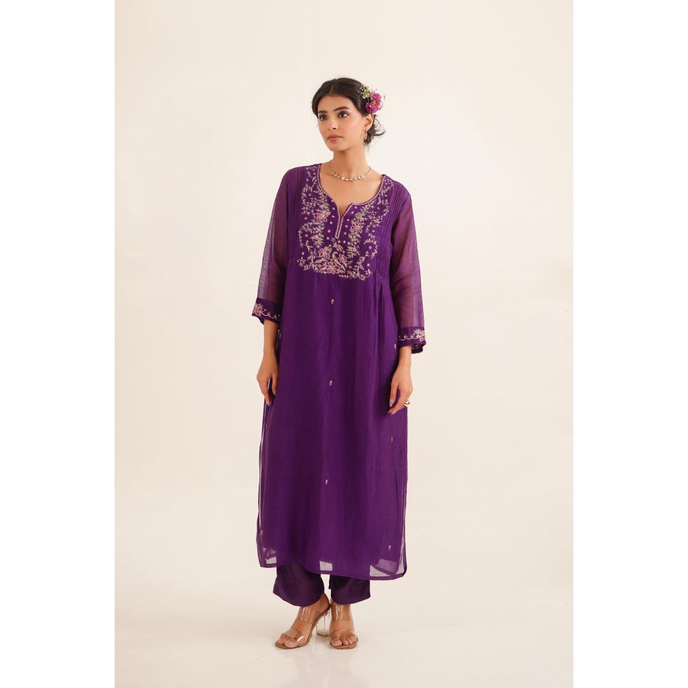 Tatwa Designs Women Purple Chanderi Embroidered Kurta with Pant and Dupatta