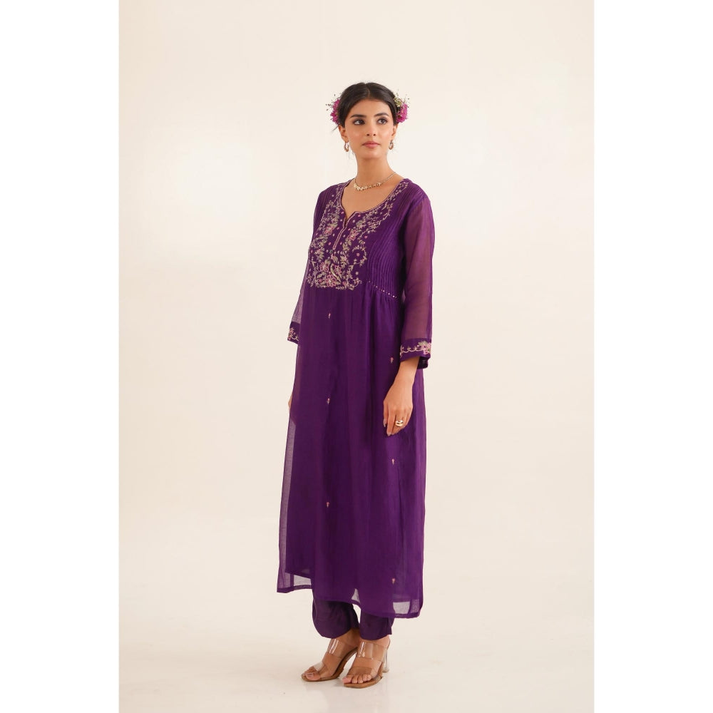 Tatwa Designs Women Purple Chanderi Embroidered Kurta with Pant and Dupatta