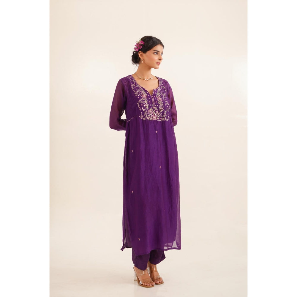 Tatwa Designs Women Purple Chanderi Embroidered Kurta with Pant and Dupatta