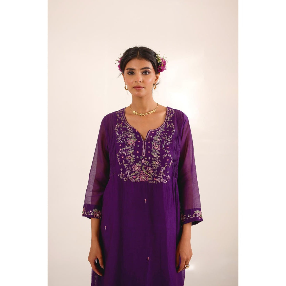 Tatwa Designs Women Purple Chanderi Embroidered Kurta with Pant and Dupatta