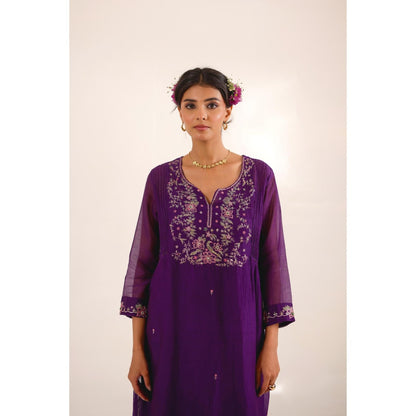 Tatwa Designs Women Purple Chanderi Embroidered Kurta with Pant and Dupatta