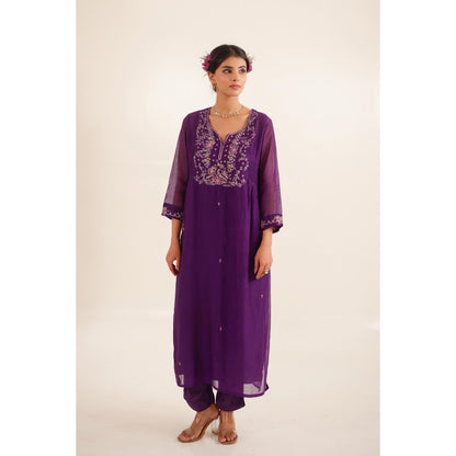 Tatwa Designs Women Purple Chanderi Embroidered Kurta with Pant and Dupatta