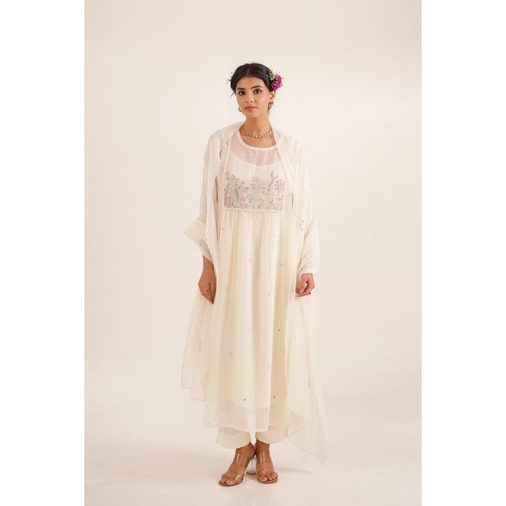 Tatwa Designs Women Ivory Chanderi Embroidered Kurta with Pant and Dupatta