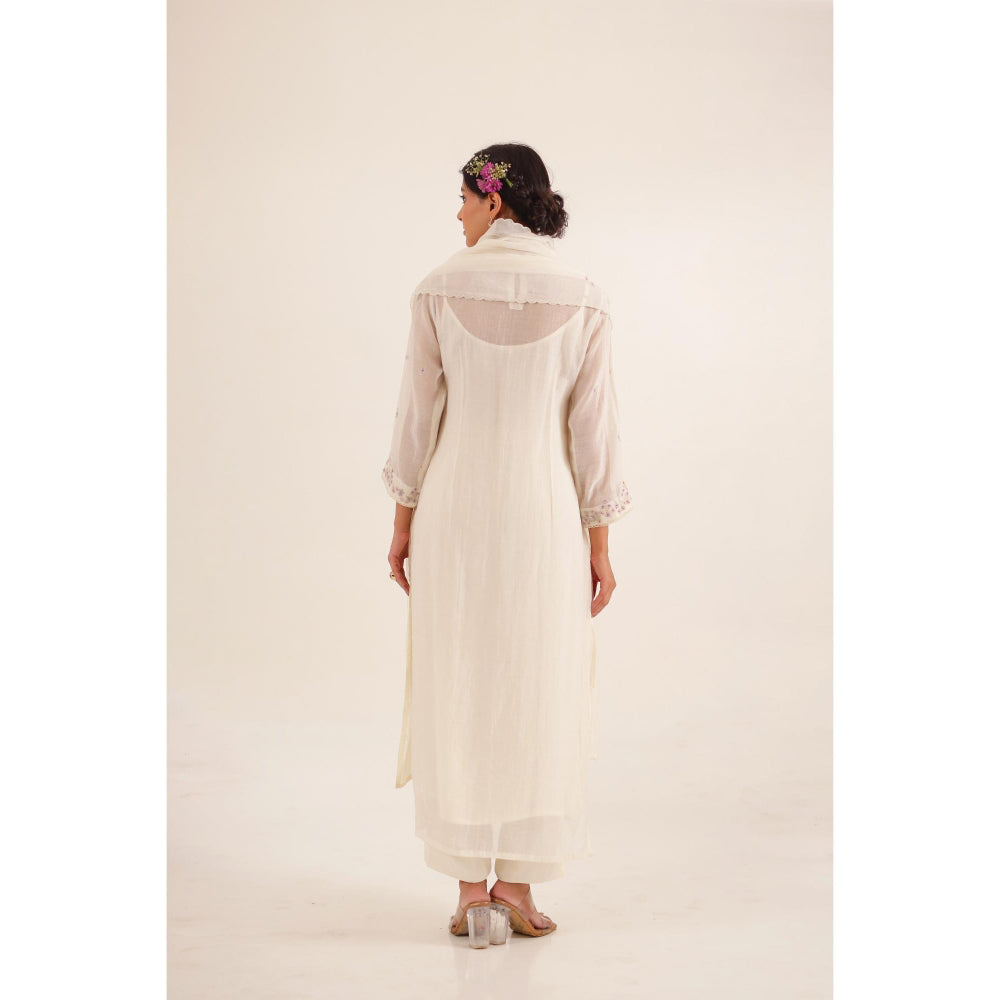Tatwa Designs Women Ivory Chanderi Embroidered Kurta with Pant and Dupatta