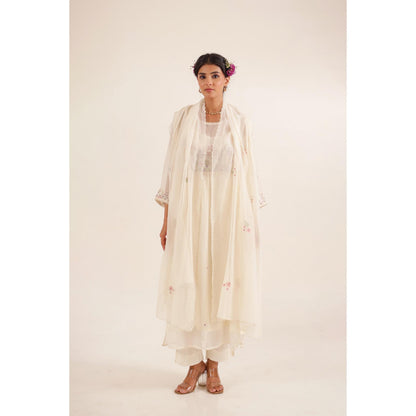 Tatwa Designs Women Ivory Chanderi Embroidered Kurta with Pant and Dupatta