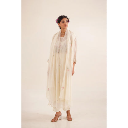 Tatwa Designs Women Ivory Chanderi Embroidered Kurta with Pant and Dupatta