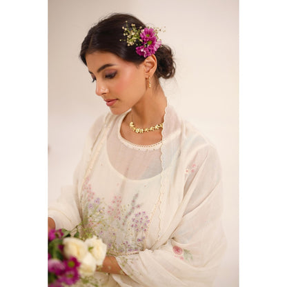 Tatwa Designs Women Ivory Chanderi Embroidered Kurta with Pant and Dupatta
