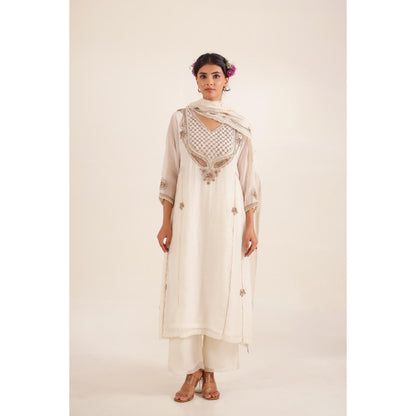 Tatwa Designs Women White Chanderi Embroidered Top with Palazzo and Dupatta