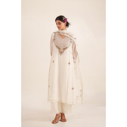 Tatwa Designs Women White Chanderi Embroidered Top with Palazzo and Dupatta
