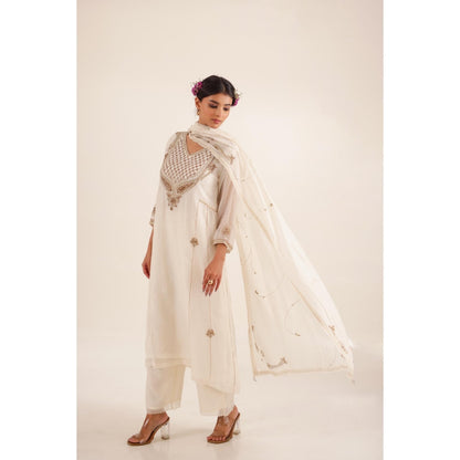 Tatwa Designs Women White Chanderi Embroidered Top with Palazzo and Dupatta