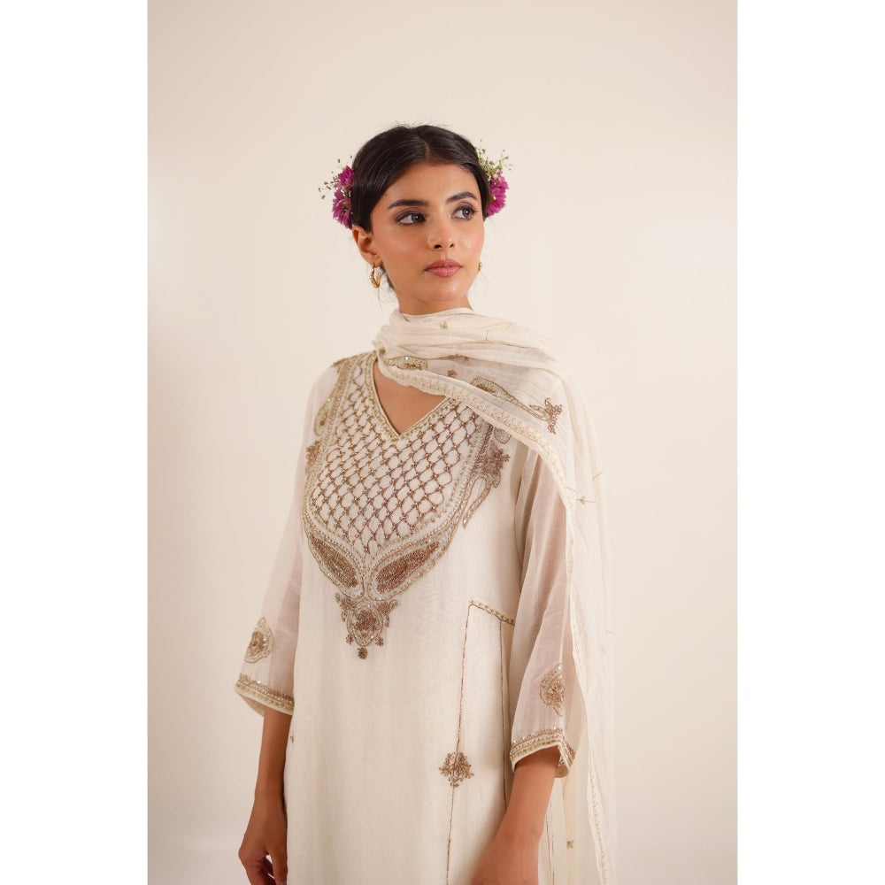Tatwa Designs Women White Chanderi Embroidered Top with Palazzo and Dupatta