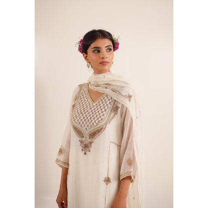 Tatwa Designs Women White Chanderi Embroidered Top with Palazzo and Dupatta