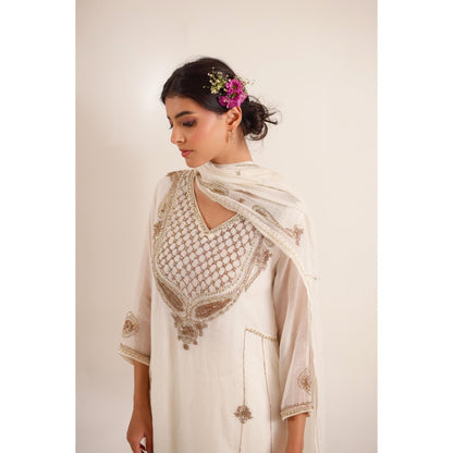 Tatwa Designs Women White Chanderi Embroidered Top with Palazzo and Dupatta