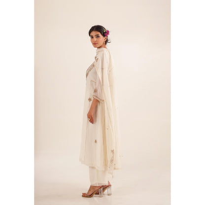 Tatwa Designs Women White Chanderi Embroidered Top with Palazzo and Dupatta