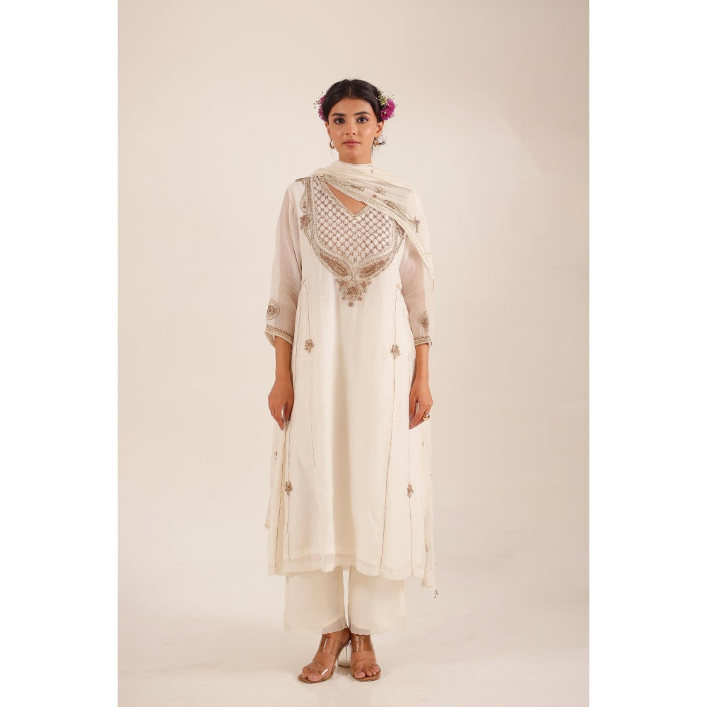 Tatwa Designs Women White Chanderi Embroidered Top with Palazzo and Dupatta