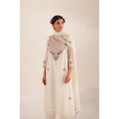 Tatwa Designs Women White Chanderi Embroidered Top with Palazzo and Dupatta