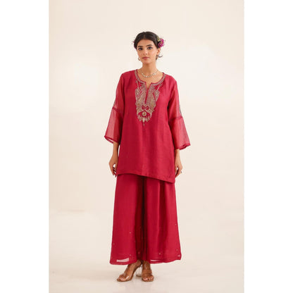 Tatwa Designs Women Red Chanderi Embroidered Top with Palazzo and Dupatta