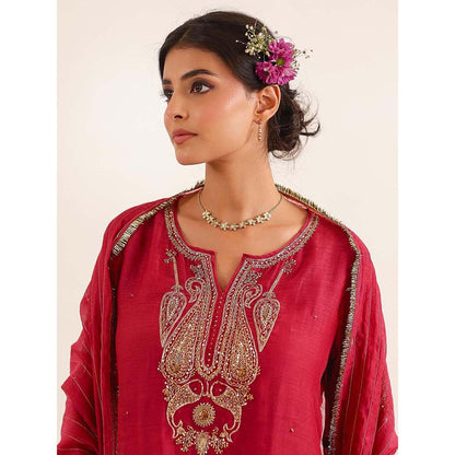 Tatwa Designs Women Red Chanderi Embroidered Top with Palazzo and Dupatta