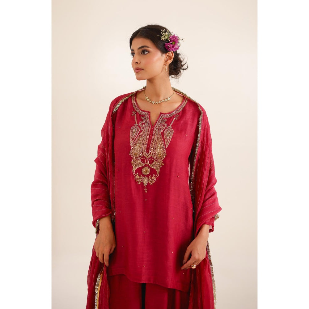 Tatwa Designs Women Red Chanderi Embroidered Top with Palazzo and Dupatta