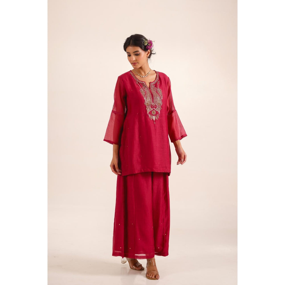 Tatwa Designs Women Red Chanderi Embroidered Top with Palazzo and Dupatta