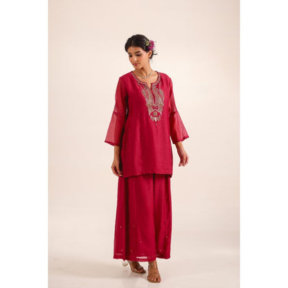 Tatwa Designs Women Red Chanderi Embroidered Top with Palazzo and Dupatta