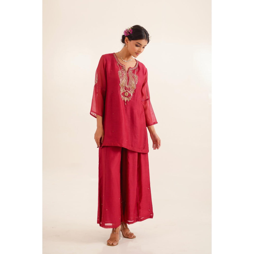 Tatwa Designs Women Red Chanderi Embroidered Top with Palazzo and Dupatta