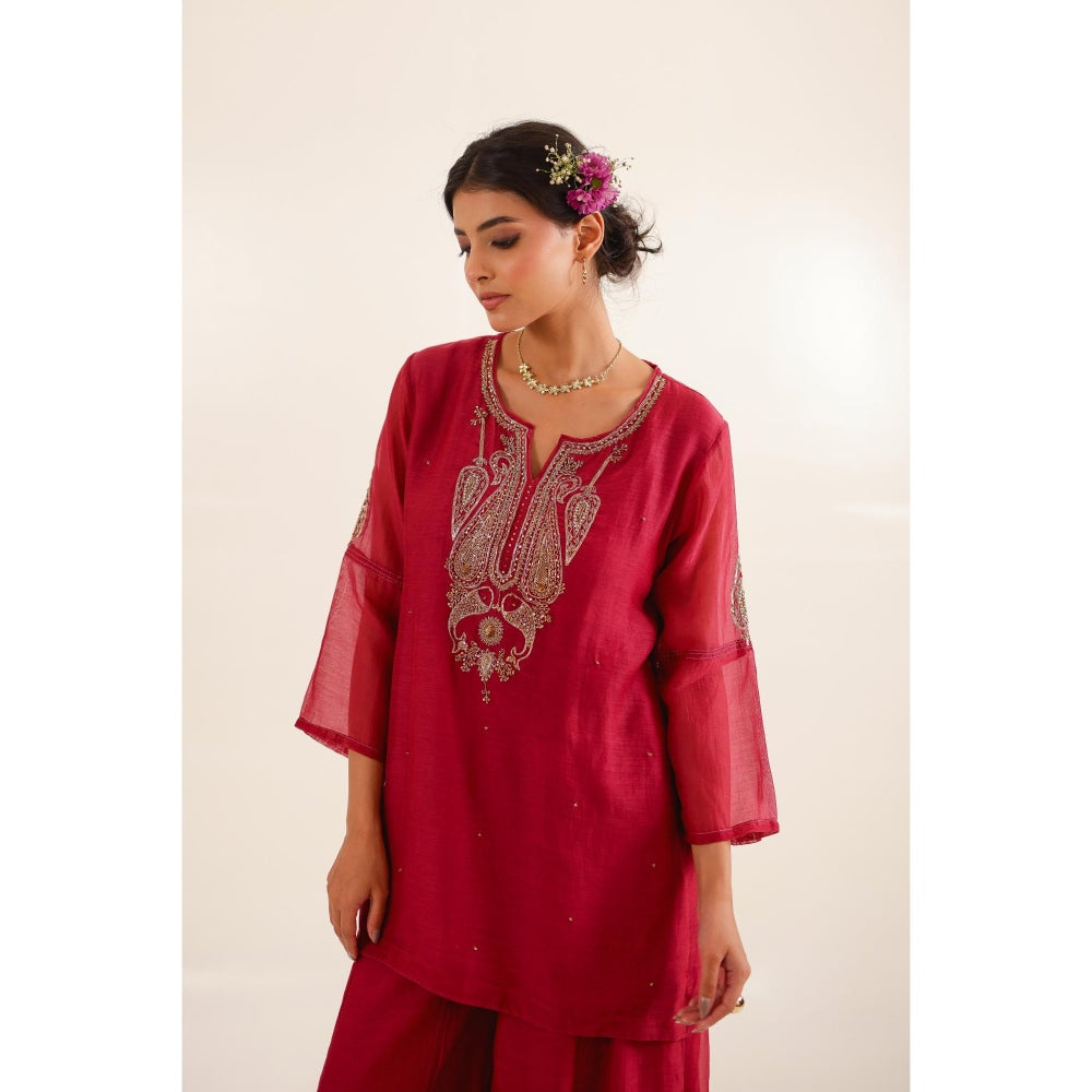 Tatwa Designs Women Red Chanderi Embroidered Top with Palazzo and Dupatta