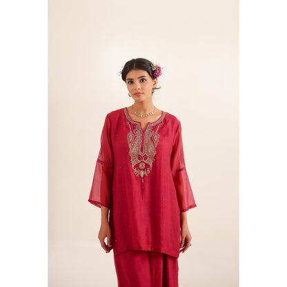 Tatwa Designs Women Red Chanderi Embroidered Top with Palazzo and Dupatta