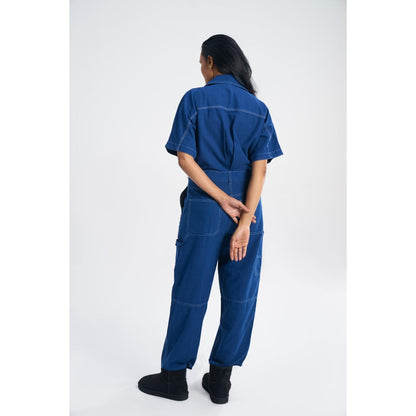 TERRA LUNA Women's Blue Gili 100% Cotton Front Pocket Jumpsuit