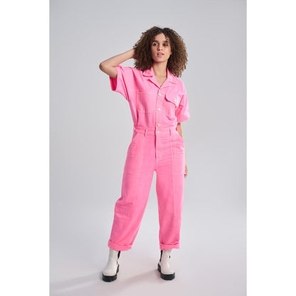 TERRA LUNA Women's Pink Gili 100% Cotton Front Pocket Jumpsuit