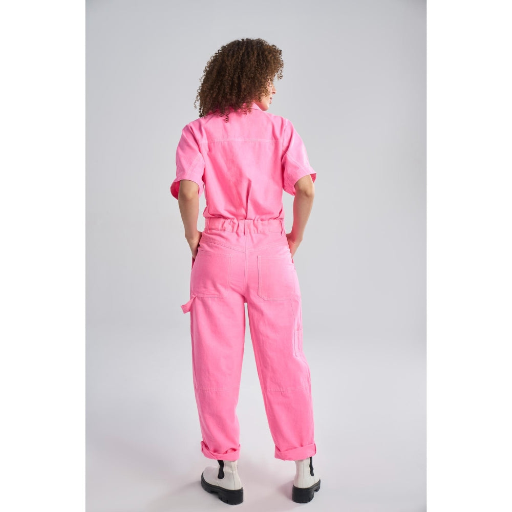 TERRA LUNA Women's Pink Gili 100% Cotton Front Pocket Jumpsuit