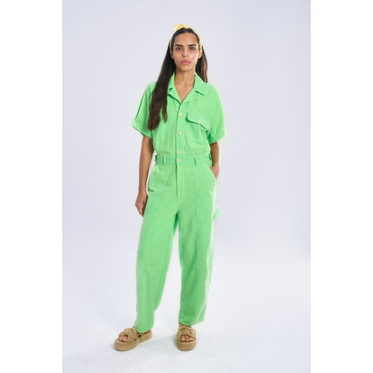 TERRA LUNA Women's Green Gili 100% Cotton Front Pocket Jumpsuit