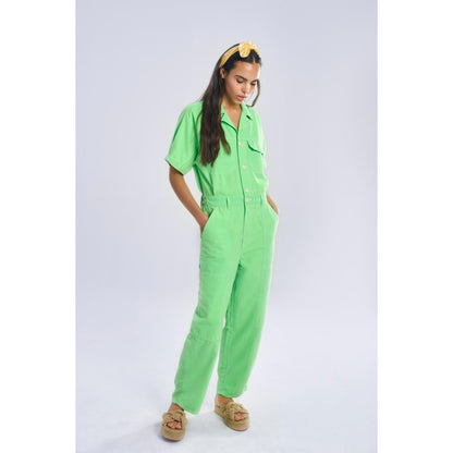 TERRA LUNA Women's Green Gili 100% Cotton Front Pocket Jumpsuit