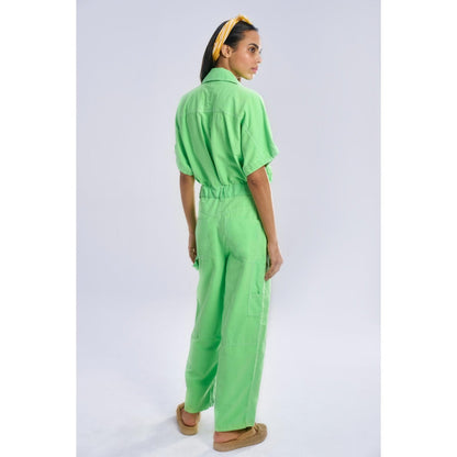 TERRA LUNA Women's Green Gili 100% Cotton Front Pocket Jumpsuit